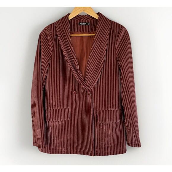 Nasty Gal Dark Pink Velvet Striped Blazer Size 4 Jacket Lined - Picture 1 of 4
